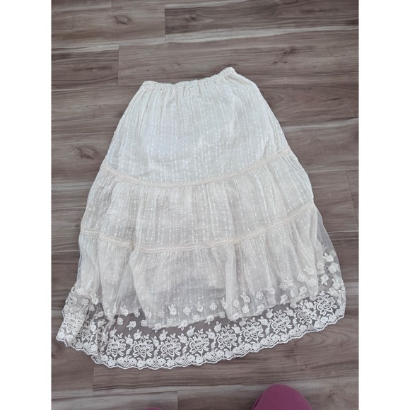 Mira Boutique Ivory Cotton Lace Tiered Boho Maxi Skirt chic Tassel Drawstring a3 - Picture 2 of 6